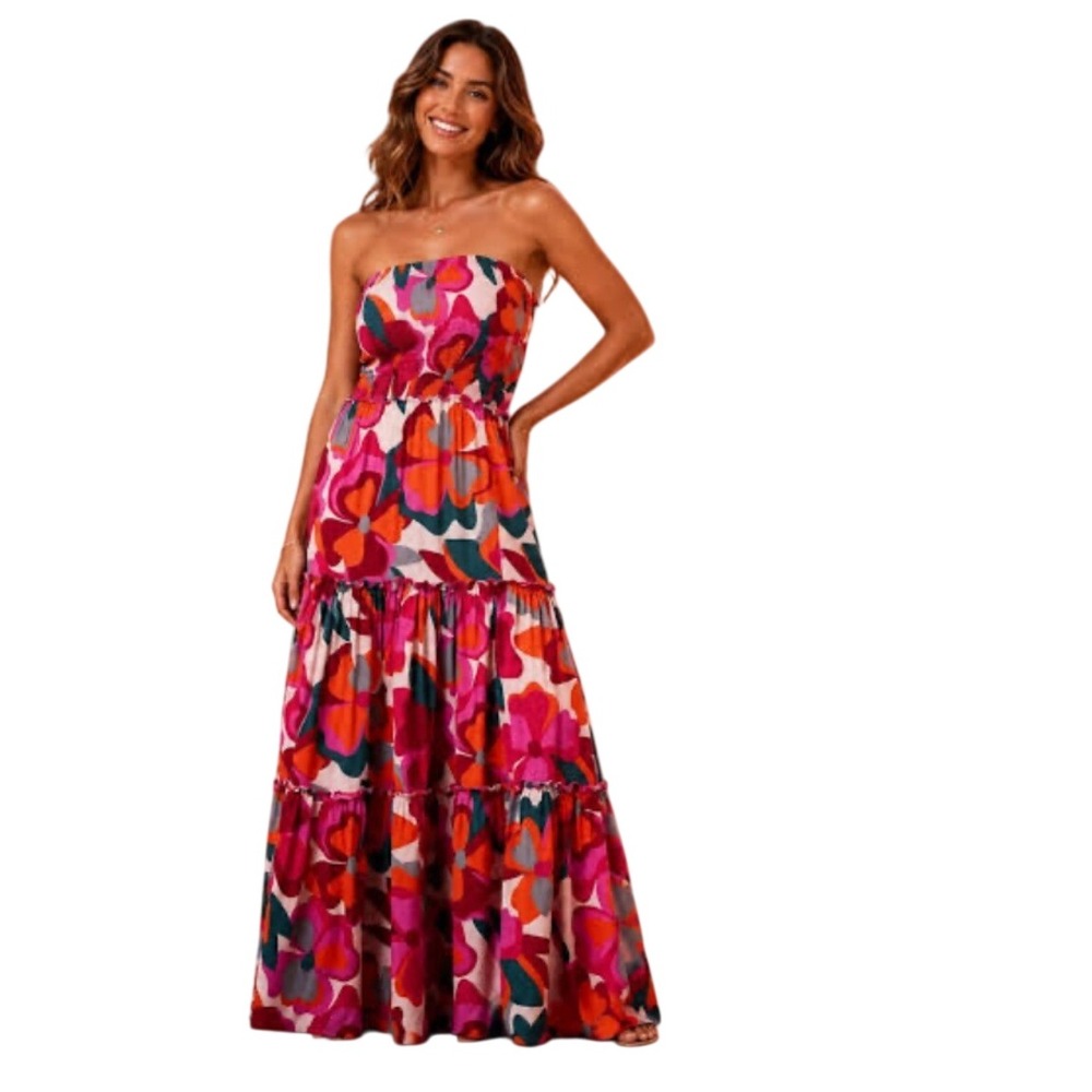 Abel The Label Pink Orange Floral Smocked Strapless Maxi Dress M Tiered Boho